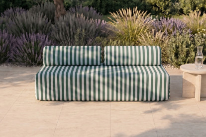 Canapé 3 places modulable, mousse écologique et assise ferme  - Tissu extérieur à rayures, blanc et vert foncé