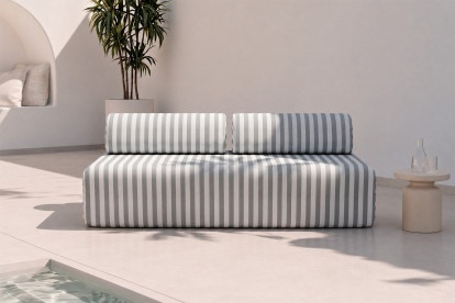 Canapé 3 places modulable, mousse écologique et assise ferme  - Tissu extérieur à rayures, blanc et gris