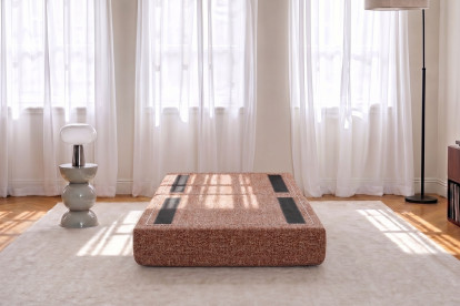 Pouf convertible et modulable, mousse écologique et assise ferme  - Tissu tweed Rouge