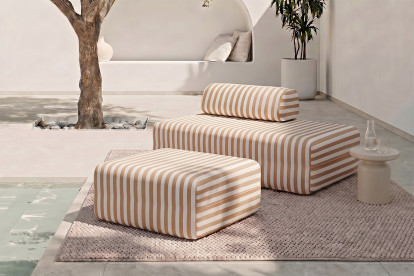 Pouf modulable, mousse écologique et assise ferme  - Tissu extérieur à rayures, blanc et marron