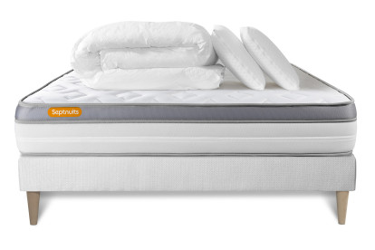 Pack lit complet 200x200 cm - Matelas + Sommier Blanc (en kit) + 2 oreillers + Couette - Memo Zen