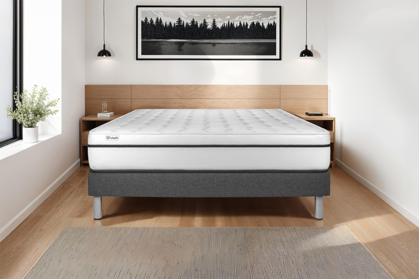 Ensemble Matelas Sommier 135x190 cm - Sommier Gris (en kit) - Vital Spa