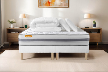 Pack lit complet 200x200 cm - Matelas + 2 Sommiers Blancs + 2 oreillers + Couette - Memo Spring
