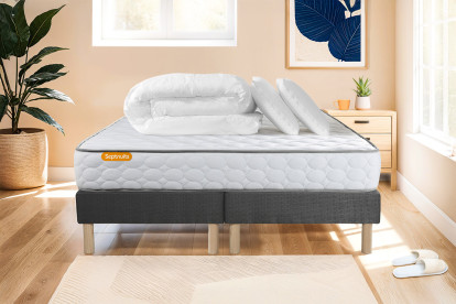 Pack lit complet 200x200 cm - Matelas + 2 Sommiers Gris + 2 oreillers + Couette - Memo