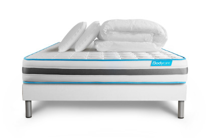Pack lit complet 200x200 cm - Matelas + Sommier Blanc (en kit) + 2 oreillers + Couette - BodyFlex
