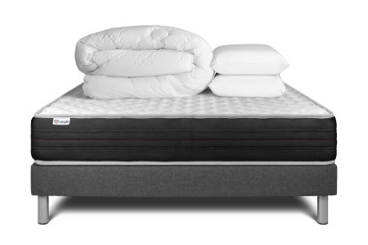 Pack lit complet 140x190 cm - Matelas + Sommier Gris (en kit) + 2 oreillers + Couette - Vitalmemo One