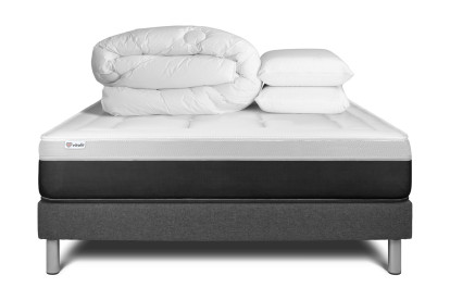 Pack lit complet 140x200 cm - Matelas + Sommier Gris (en kit) + 2 oreillers + Couette - Vital Form