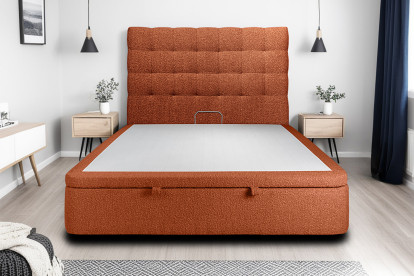 Lit coffre 180x200 cm avec Tête de lit capitonnée - Tissu Bouclette Terracotta
