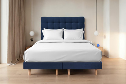 Lit 2x 90x200 cm - Sommier tapissier H29 cm + tête de lit capitonnée - Tissu Velours Bleu Océan