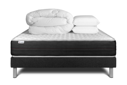 Pack lit complet 140x190 cm - Matelas + Sommier Noir (en kit) + 2 oreillers + Couette - Vitalmemo One