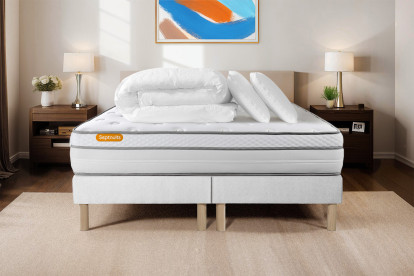 Pack lit complet 160x200 cm - Matelas + 2 Sommiers Blancs + 2 oreillers + Couette - Memo Luxe