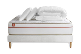 Pack lit complet 160x200 cm - Matelas + Sommier Blanc (en kit) + 2 oreillers + Couette - Le Paisible