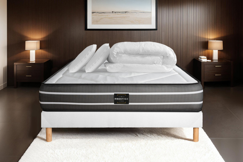 Pack lit complet 140x200 cm - Matelas + Sommier Blanc (en kit) + 2 oreillers + Couette - Exclusive
