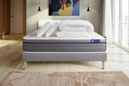 Pack lit complet 200x200 cm - Matelas + Sommier Gris (en kit) + 2 oreillers + Couette - ActiMemo Zen