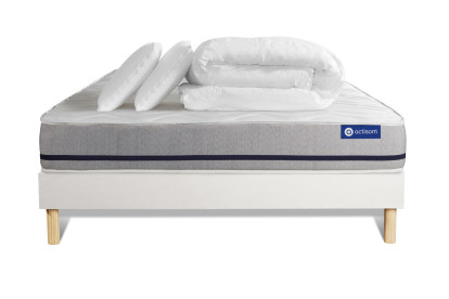 Pack lit complet 180x200 cm - Matelas + Sommier Blanc (en kit) + 2 oreillers + Couette - Actimemo Soft