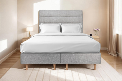 Lit 2x 80x200 cm - Sommier tapissier H35 cm + tête de lit à lignes - Tissu Bouclette Gris