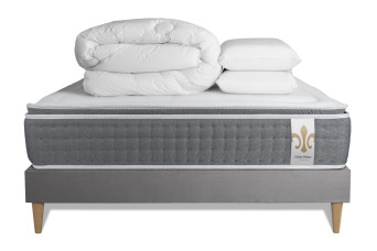 Pack lit complet 160x200 cm - Matelas + Sommier Gris (en kit) + 2 oreillers + Couette - Vingt-Six PLUS