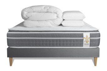 Pack lit complet 200x200 cm - Matelas + Sommier Gris (en kit) + 2 oreillers + Couette - Trente PLUS