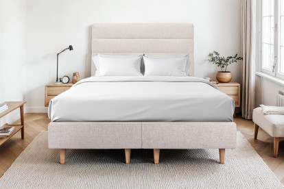 Lit 2x 80x200 cm - Sommier tapissier H35 cm + tête de lit à lignes - Tissu Toile natté Beige Clair