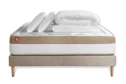 Pack lit complet 140x190 cm - Matelas + Sommier Beige + 2 oreillers + Couette - Le Cosy