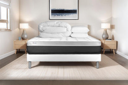 Pack lit complet 140x190 cm - Matelas + Sommier Blanc (en kit) + 2 oreillers + Couette - Vital Soft