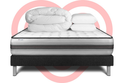 Pack lit complet 140x190 cm - Matelas + Sommier Noir (en kit) + 2 oreillers + Couette - Vitalpower Recover