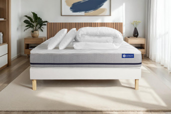 Pack lit complet 140x200 cm - Matelas + Sommier Blanc (en kit) + 2 oreillers + Couette - Actiflex Soft