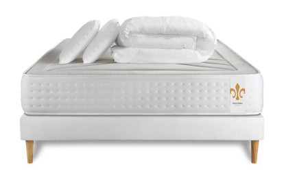 Pack lit complet 200x200 cm - Matelas + Sommier Blanc (en kit) + 2 oreillers + Couette - Vingt-Quatre