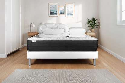 Pack lit complet 140x200 cm - Matelas + Sommier Blanc (en kit) + 2 oreillers + Couette - Vitalspring
