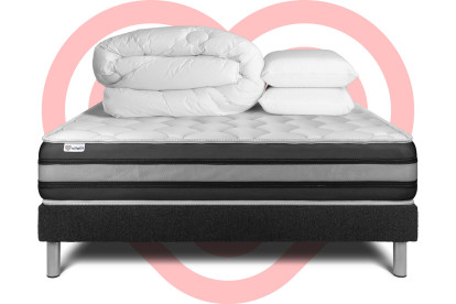 Pack lit complet 140x190 cm - Matelas + Sommier Noir (en kit) + 2 oreillers + Couette - Vitalspring Zen