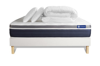 Pack lit complet 180x200 cm - Matelas + Sommier Blanc (en kit) + 2 oreillers + Couette - Actimemo Confort
