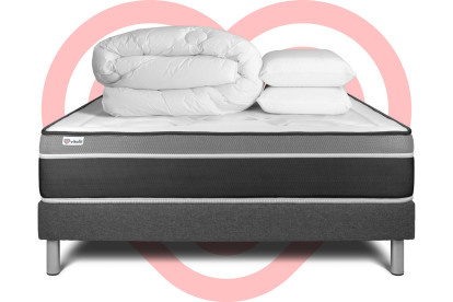 Pack lit complet 200x200 cm - Matelas + Sommier Gris (en kit) + 2 oreillers + Couette - Vital Care