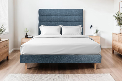 Lit 160x200 cm - Sommier tapissier H29 cm + tête de lit à lignes - Tissu Bouclette Bleu