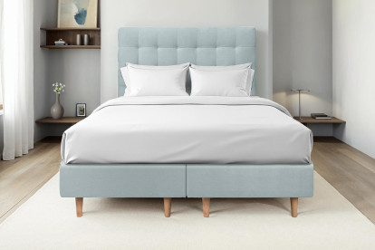 Lit 2x 90x200 cm - Sommier tapissier H35 cm + tête de lit capitonnée - Tissu Velours Gris Bleuté