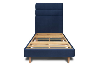 Lit 90x190 cm - Sommier à lattes H29 cm + tête de lit à lignes - Tissu Velours Bleu Océan