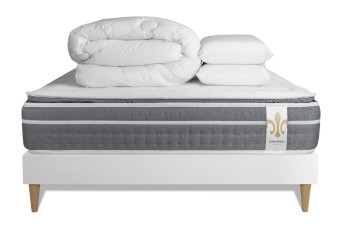 Pack lit complet 160x200 cm - Matelas + Sommier Blanc (en kit) + 2 oreillers + Couette - Trente PLUS