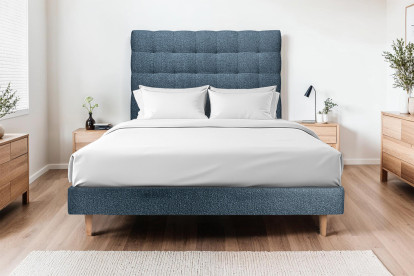 Lit 150x190 cm - Sommier tapissier H29 cm + tête de lit capitonnée - Tissu Bouclette Bleu