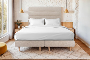 Lit 2x 90x200 cm - Sommier tapissier H29 cm + tête de lit à lignes - Tissu Toile natté Beige Brun