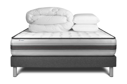 Pack lit complet 140x200 cm - Matelas + Sommier Gris (en kit) + 2 oreillers + Couette - Vitalpower Recover