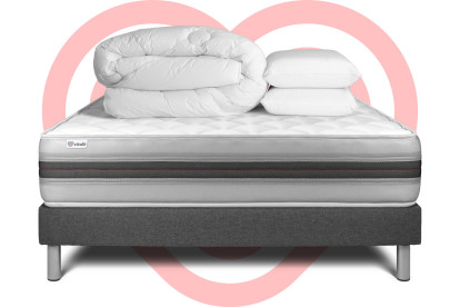 Pack lit complet 200x200 cm - Matelas + Sommier Gris (en kit) + 2 oreillers + Couette - Vitalmemo Back