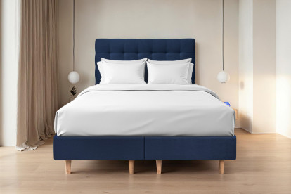 Lit 2x 80x200 cm - Sommier tapissier H35 cm + tête de lit capitonnée - Tissu Velours Bleu Océan