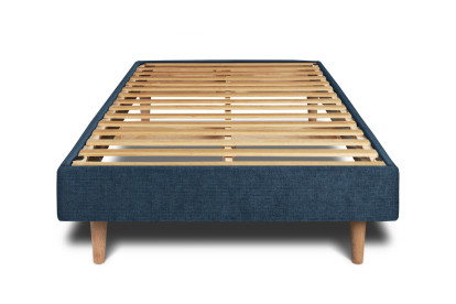 Lit 90x200 cm - Sommier à lattes H29 cm + tête de lit à lignes - Tissu Toile natté Bleu Océan