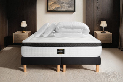 Pack lit complet 200x200 cm - Matelas + 2 Sommiers Noirs + 2 oreillers + Couette - Privilège