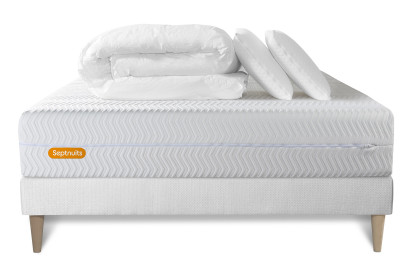 Pack lit complet 180x200 cm - Matelas + Sommier Blanc (en kit) + 2 oreillers + Couette - Memo Bio