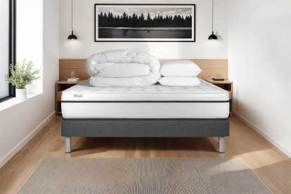Pack lit complet 140x190 cm - Matelas + Sommier Gris (en kit) + 2 oreillers + Couette - Vital Spa