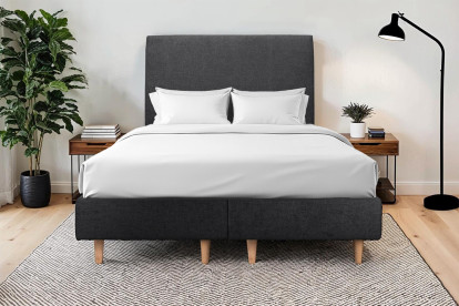 Lit 2x 90x200 cm - Sommier tapissier H35 cm + tête de lit tapissée - Tissu Toile natté Noir