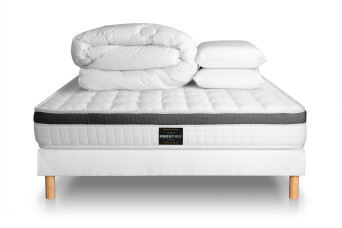 Pack lit complet 200x200 cm - Matelas + Sommier Blanc (en kit) + 2 oreillers + Couette - Supérieur