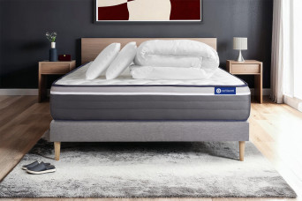 Pack lit complet 140x200 cm - Matelas + Sommier Gris (en kit) + 2 oreillers + Couette - Actilatex Plus