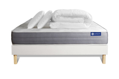 Pack lit complet 200x200 cm - Matelas + Sommier Blanc (en kit) + 2 oreillers + Couette - Actimemo Dream
