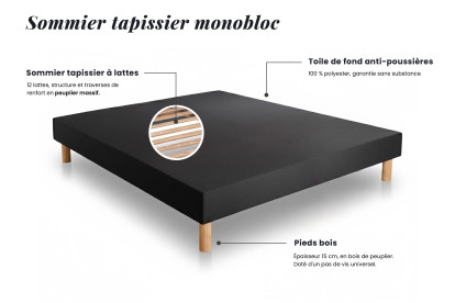 Pack lit complet 160x200 cm - Matelas + Sommier Noir + 2 oreillers + Couette - Supérieur